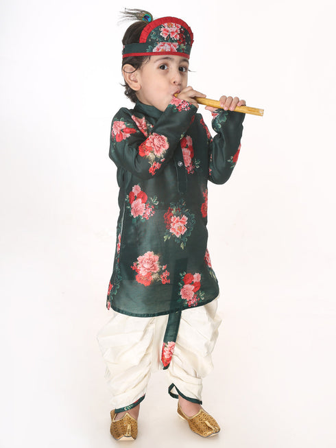 Vastramay SISHU Boys Multicolor-Base-Green Cotton Blend Kurta and Dhoti Set